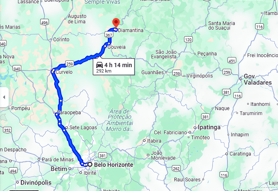 Onde fica Diamantina - Fonte: Google Maps