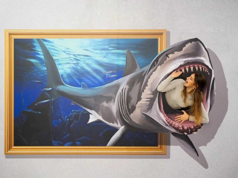 3D Fun Art Museum - tubarão saindo de quadro, com pessoa