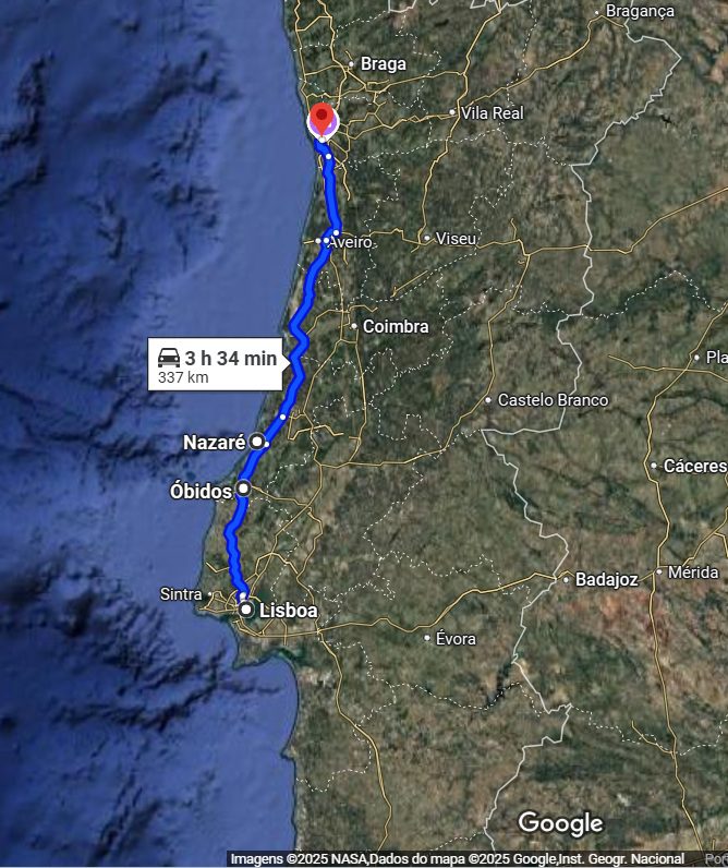 Mapa Lisboa - Óbidos - Nazaré - Porto