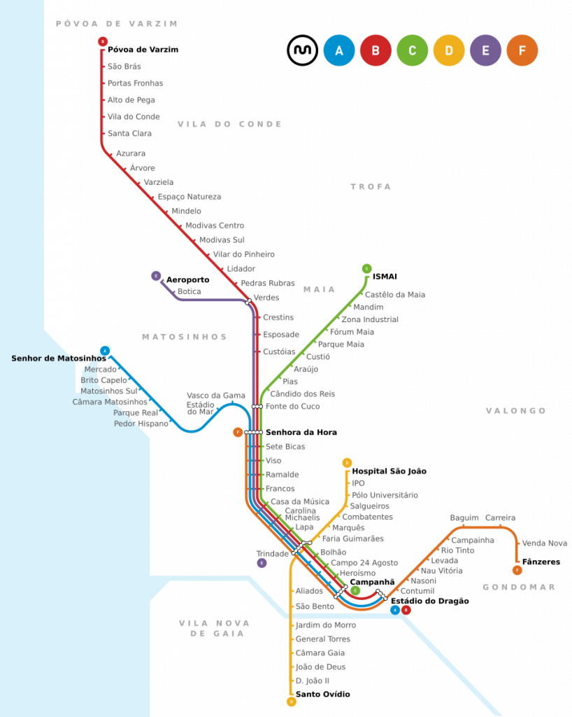 Mapa das linhas do metro do Porto