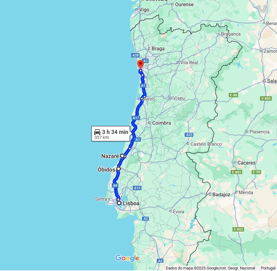 Mapa de Distância da cidade de Lisboa e Porto