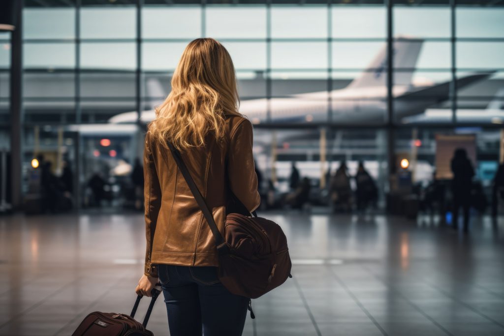 Passageira com mala em aeroporto. avião ao fundo. Banco de imagens.