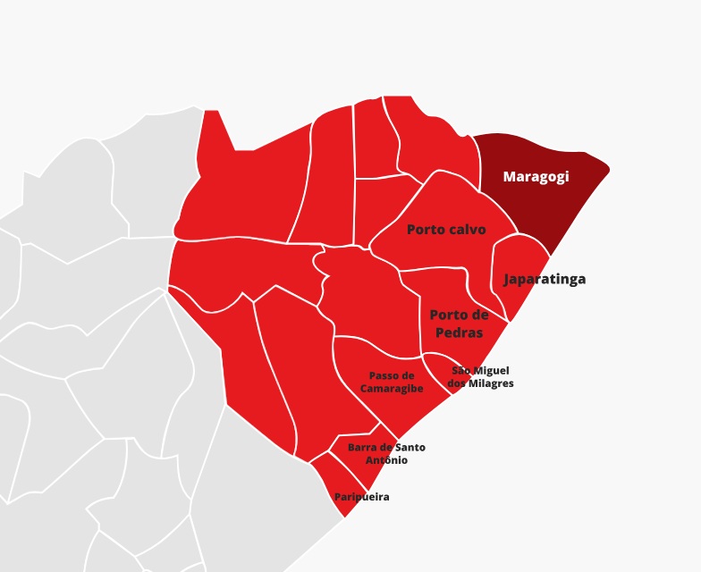 mapa Municípios em Alagoas da Costa dos Corais