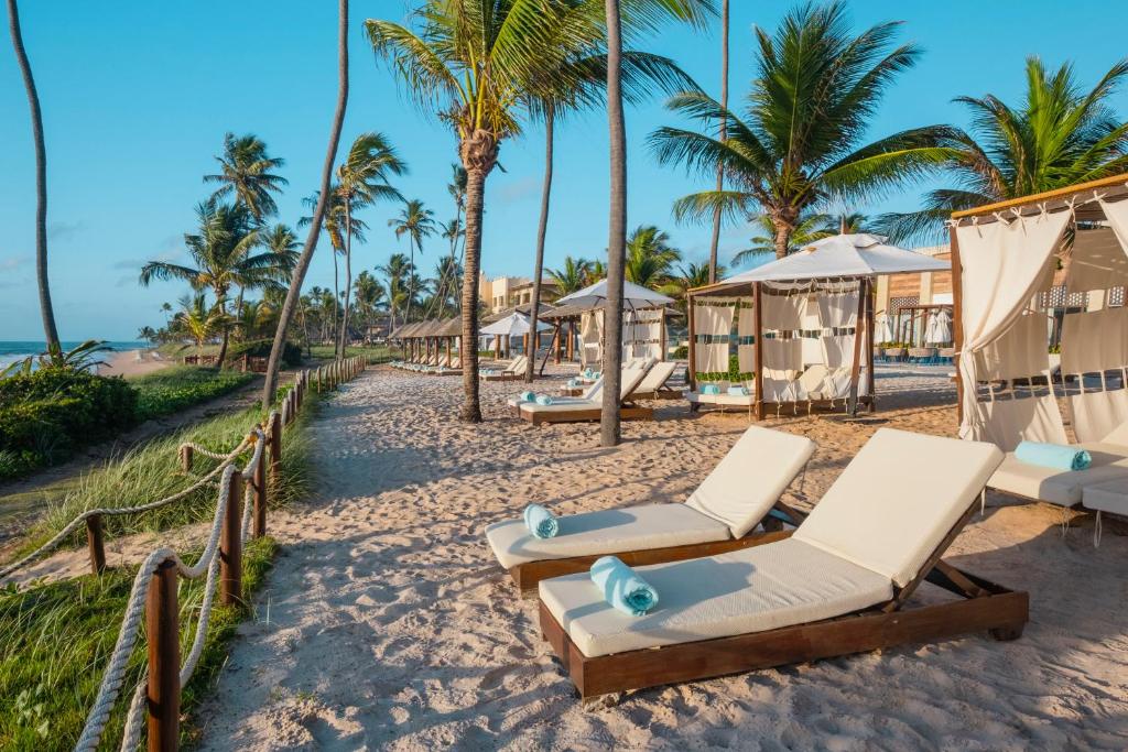 Praia, coqueiros, esprequiçadeiras, toalhas, resort all inclusive