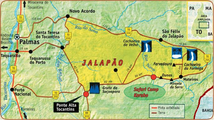 Mapa ilustrativo das regiões do Jalapão por cidade e atrativos