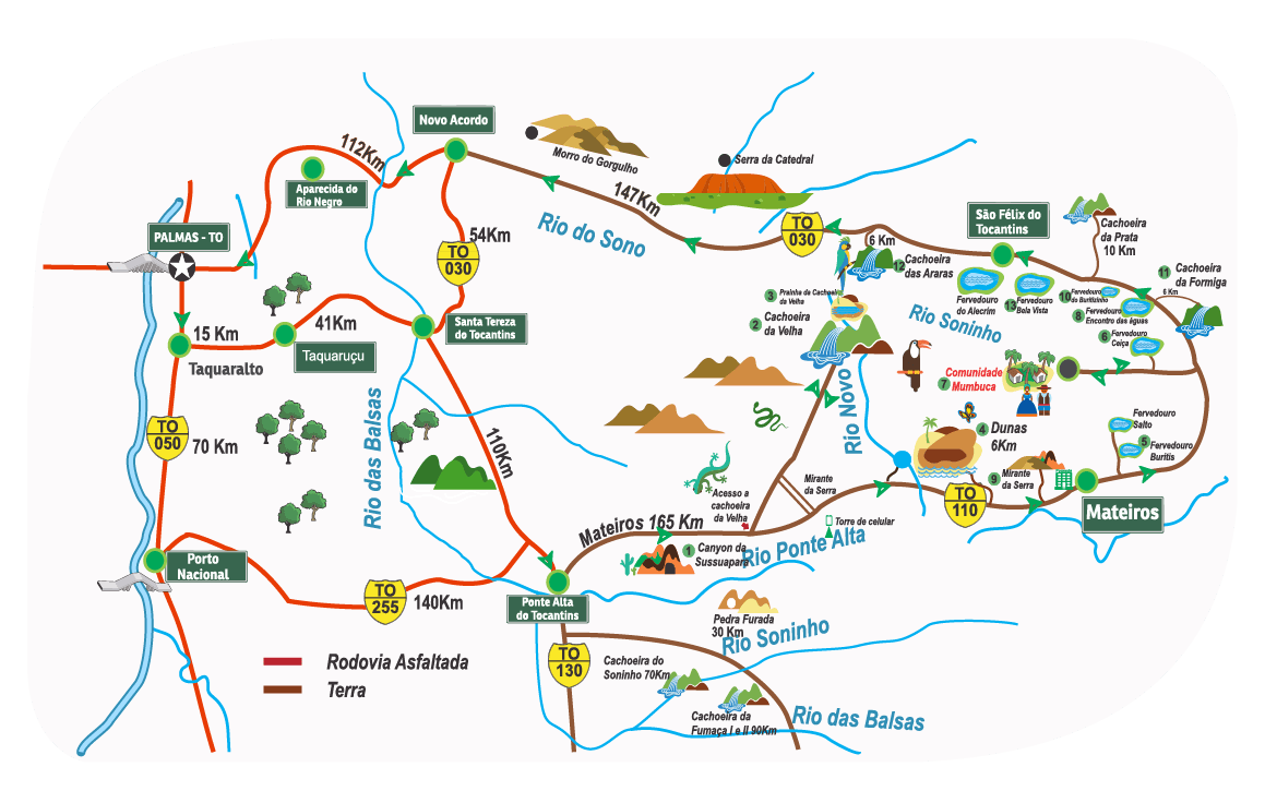 Mapa do Parque Estadual do Jalapão, contendo os principais atrativos 