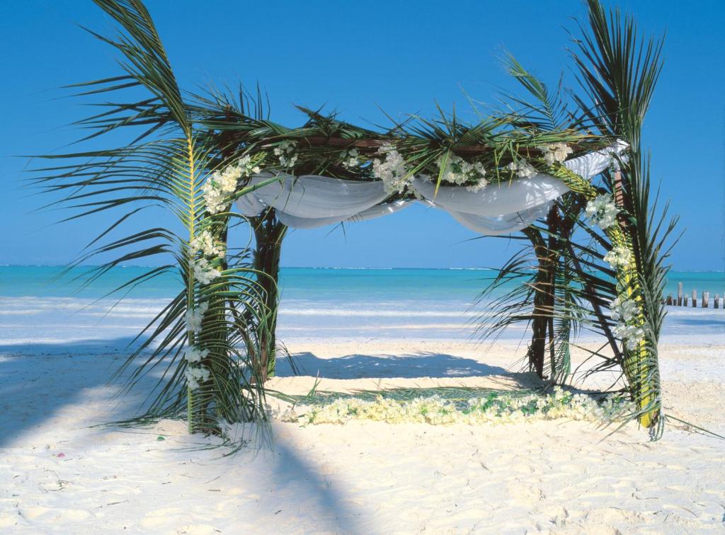 Moldura de plantas e lenços brancos para cerimônia de casamento na praia. Mar ao fundo.