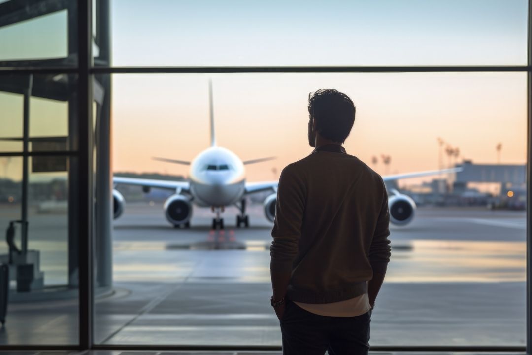 homem no aeroporto olhando para a pista de avião